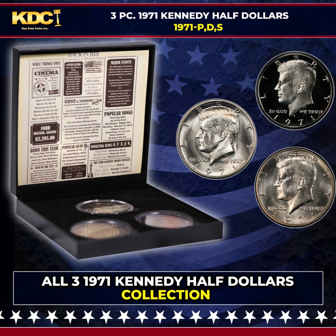 Complete 3 PC. 1971 Kennedy Half Dollar 50c set In Custom Box W/ Special Backer Card BU & Proof: Complete 3 PC. 1971 Kennedy Half Dollar 50c set In Custom Box W/ Special Backer Card BU & Proof COOL!. Please Note All Backer Cards may have slight differences but will be very similar if not identica