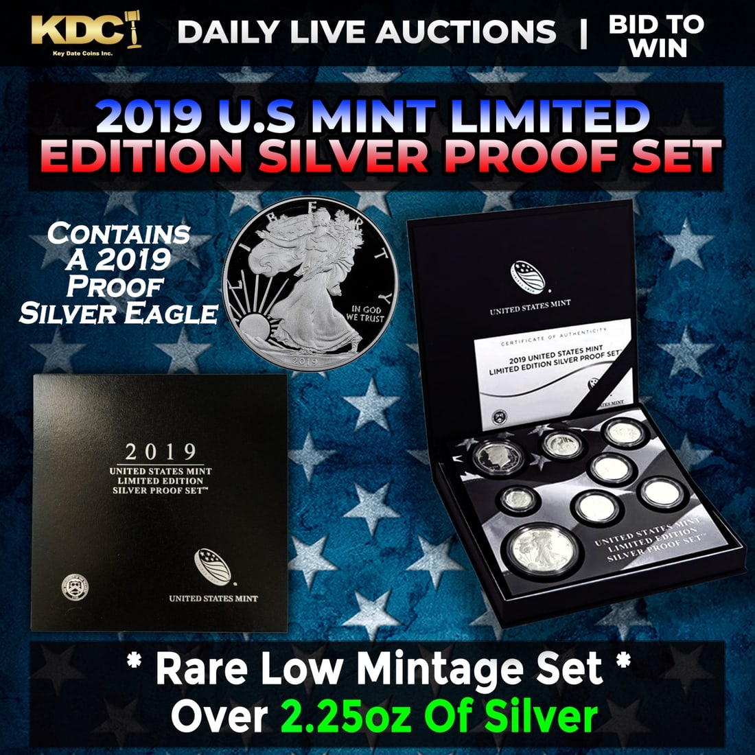 RARE 2019 United States Mint Limited Edition Silver Proof Set 8 coins, Over 2.25oz Of Silver low: RARE 2019 United States Mint Limited Edition Silver Proof Set 8 coins, Over 2.25oz Of Silver low mintage. This 2019 Limited Edition Silver Proof Set is the first of its kind with 8 coins that are 99.9