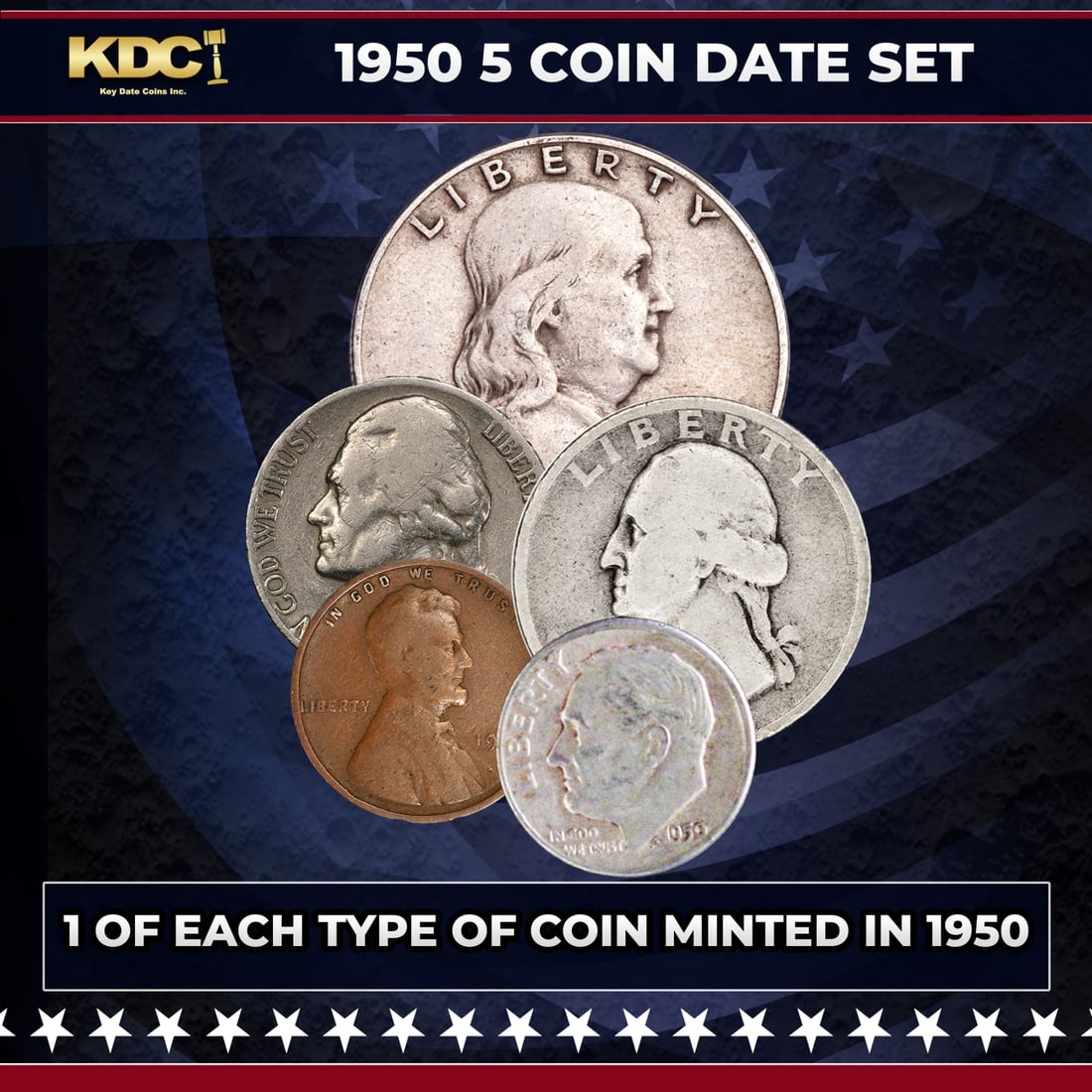 1950 5 Coin Date Set, 1 Of Each Type Of Coin Minted in 1950: 1950 5 Coin Date Set, 1 Of Each Type Of Coin Minted in 1950. Please Note All Backer Cards may have slight differences but will be very similar if not identical to the one in the photo