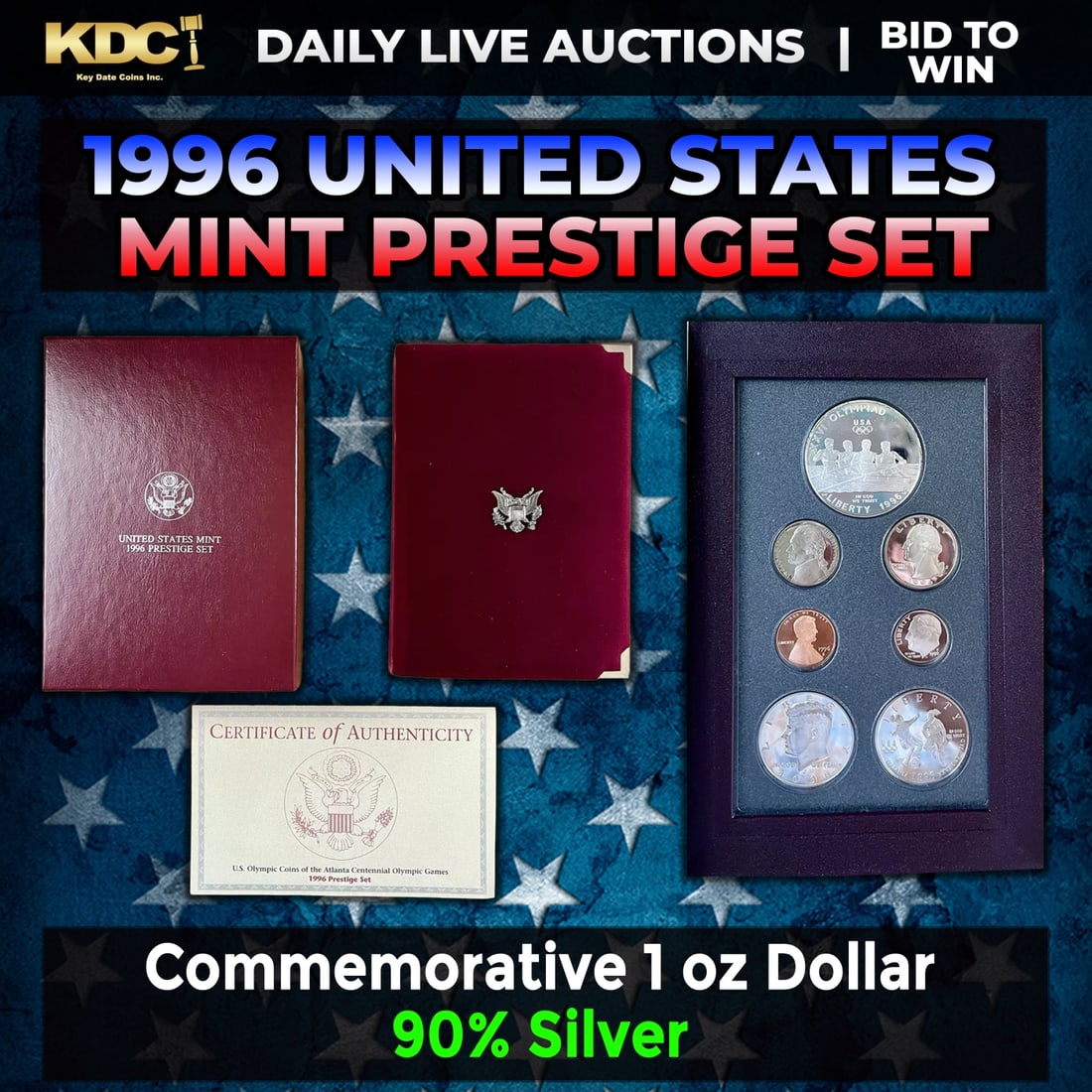 RARE Key to Series 1996 United States Prestiege Proof Set: RARE Key to Series 1996 United States Prestiege Proof Set. This superb U.S. Mint Prestige Proof Set is your best choice for beauty, low mintage, and high quality. The 7-coin 1996-S set includes the st