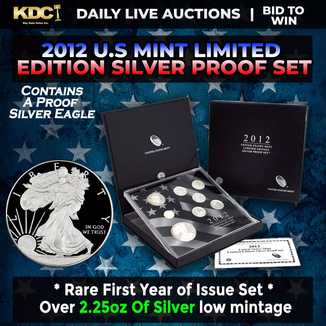 ***RARE First Year Of Issue 2012 United States Mint Limited Edition Silver Proof Set 8 coins, Over: ***RARE First Year Of Issue 2012 United States Mint Limited Edition Silver Proof Set 8 coins, Over 2.25oz Of Silver low mintage. Introduced in 2012, this limited edition set was part of an exclusive s