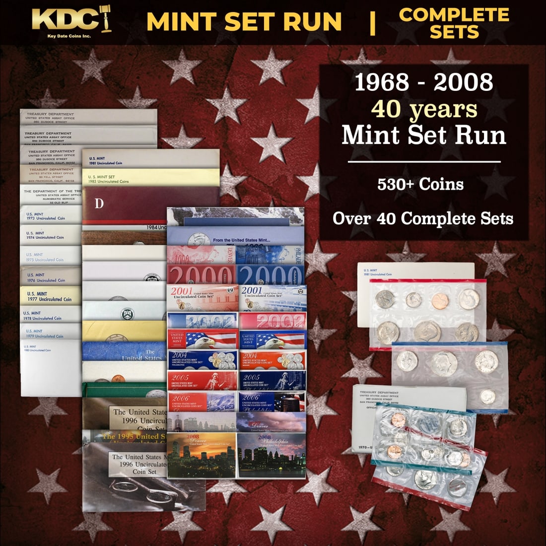 1968-2008 40 Years Mint Set Run - 533 Coins, 41 Complete Sets: 1968-2008 40 Years Mint Set Run - 533 Coins, 41 Complete Sets. 1968-2008 40 Years Mint Set Run - 535 Coins, 41 Complete Sets. This set includes all 50 State Quarter varieties. The 1996 Mint Set contai