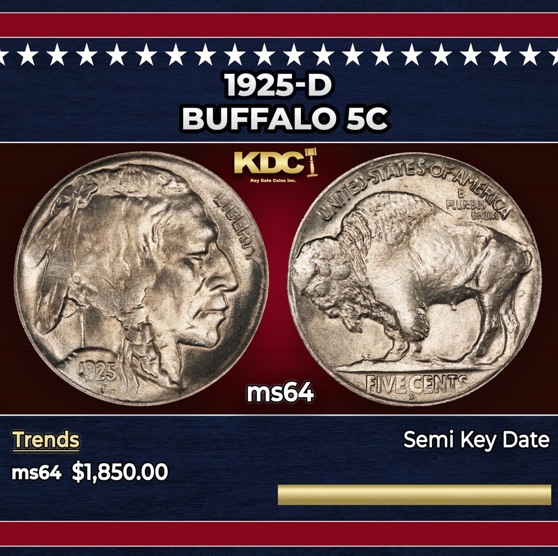 1925-d Buffalo Nickel 5c ms64 SEGS: 1925-d Buffalo Nickel 5c ms64 SEGS. Historic precious metal trends is causing increased spot pricing by the day. On auctions with set openings, we are doing our best to have items priced at their mark