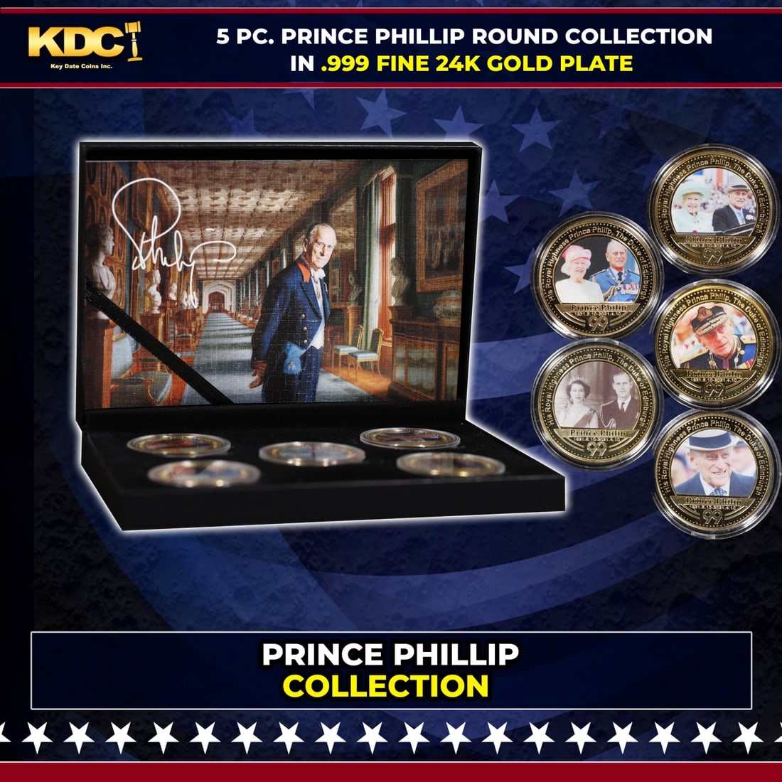 5 Coin Prince Philip Gold Plated Round Collection: 5 Coin Prince Philip Gold Plated Round Collection. 5 Pc. Prince Philip Gold Plated Round Collection. This set contains 5 rounds made up of .999 Fine Gold Plate from The Prince Philip Collection. Phili
