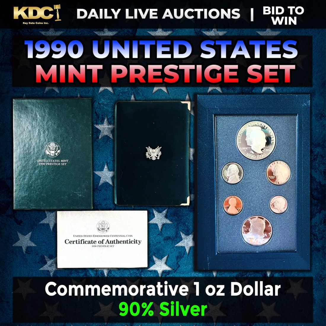 1990 United States Mint Prestige Proof Set 6 Coins W/ Box & COA: 1990 United States Mint Prestige Proof Set 6 Coins W/ Box & COA. Product DetailsThis wonderful six-piece set includes all of the proof issue coins of 1990 as well as a commemorative Eisenhower Centenn