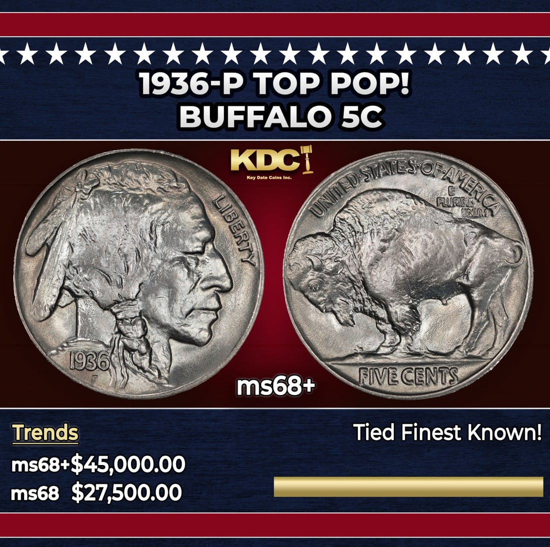 1936-p Buffalo Nickel TOP POP! 5c ms68+ SEGS: 1936-p TOP POP! Buffalo Nickel 5c ms68+ SEGS. Historic precious metal trends is causing increased spot pricing by the day. On auctions with set openings, we are doing our best to have items priced at 