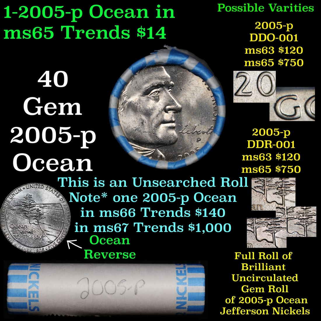 BU Shotgun Jefferson 5c roll, 2005-p Ocean 40 pcs Bank $2 Nickel Wrapper: BU Shotgun Jefferson 5c roll, 2005-p Ocean 40 pcs Bank $2 Nickel Wrapper. Historic precious metal trends is causing increased spot pricing by the day. On auctions with set openings, we are doing our b