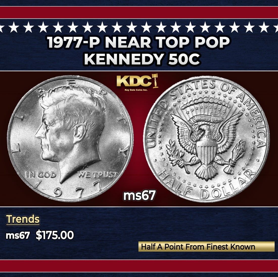 1977-p Kennedy Half Dollar Near Top Pop 50c ms67 SEGS: 1977-p Near Top Pop Kennedy Half Dollar 50c ms67 SEGS. Historic precious metal trends is causing increased spot pricing by the day. On auctions with set openings, we are doing our best to have items p