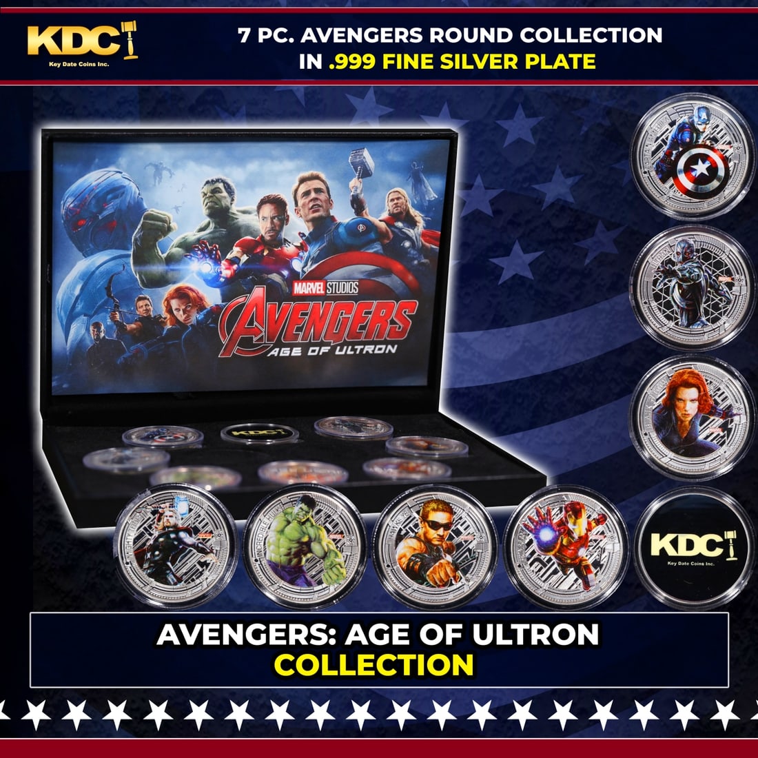 7 Coin Marvel AVENGERS Age Of Ultron .999 Fine Silver Plated Round Collection: 7 Coin Marvel AVENGERS Age Of Ultron .999 Fine Silver Plated Round Collection. Please Note All Backer Cards may have slight differences but will be very similar if not identical to the one in the phot