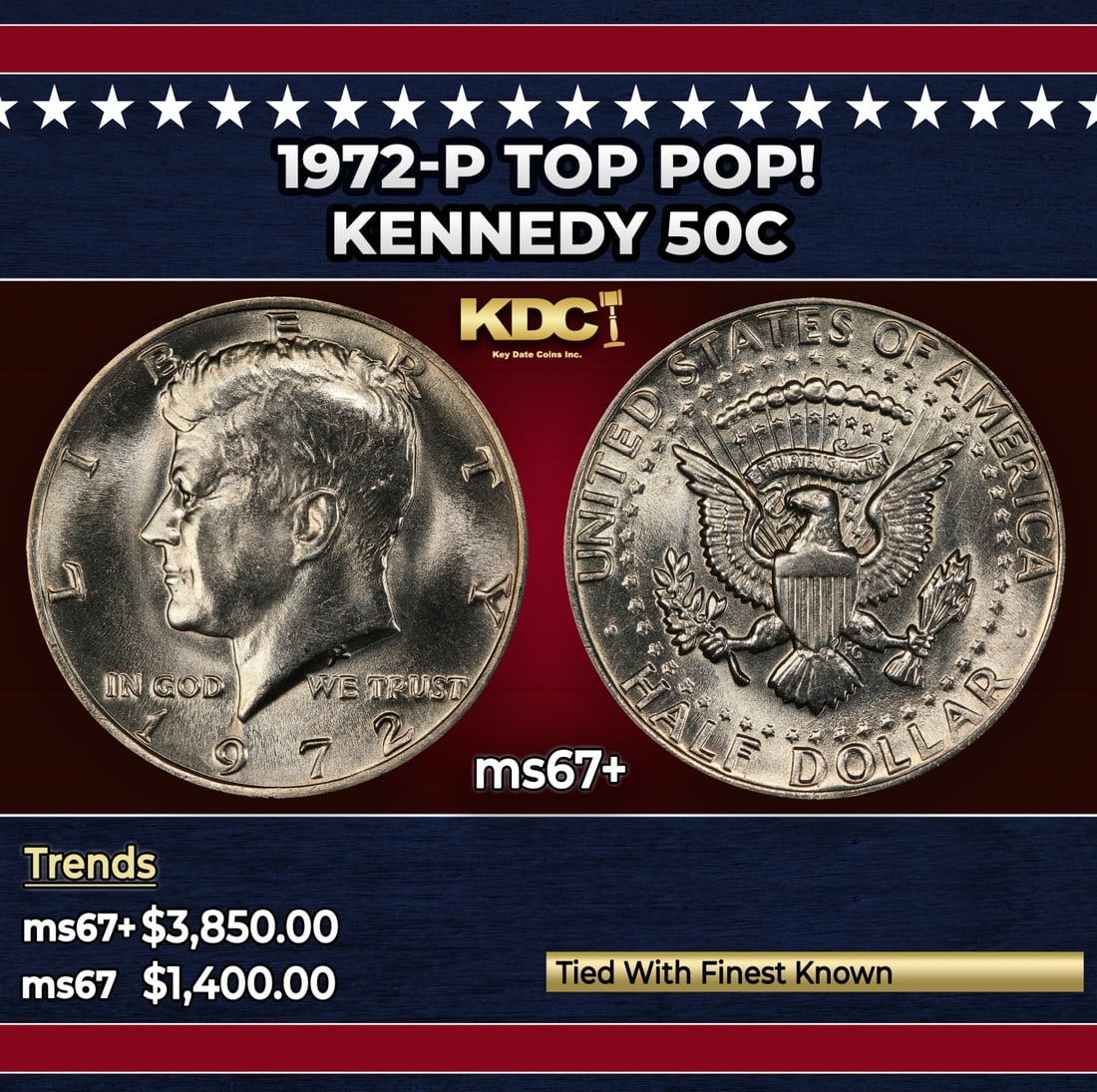 1972-p Kennedy Half Dollar TOP POP! 50c ms67+ SEGS: 1972-p TOP POP! Kennedy Half Dollar 50c ms67+ SEGS. Historic precious metal trends is causing increased spot pricing by the day. On auctions with set openings, we are doing our best to have items pric