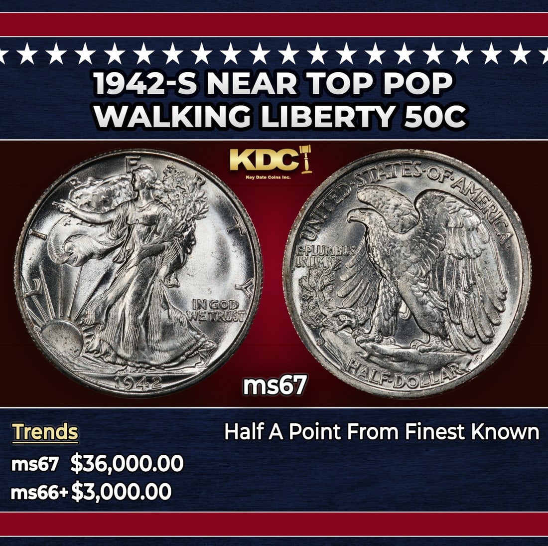 1942-s Walking Liberty Half Dollar Near Top Pop 50c ms67 SEGS: 1942-s Near Top Pop Walking Liberty Half Dollar 50c ms67 SEGS. Historic precious metal trends is causing increased spot pricing by the day. On auctions with set openings, we are doing our best to have