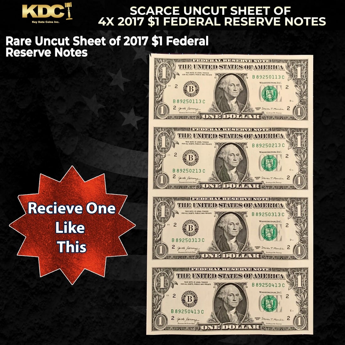 Scarce Uncut Sheet of 4x 2017 $1 Federal Reserve Notes In BeP Folder: Scarce Uncut Sheet of 4x 2017 $1 Federal Reserve Notes In BeP Folder. Historic precious metal trends is causing increased spot pricing by the day. On auctions with set openings, we are doing our best 