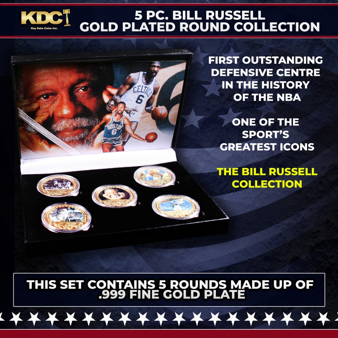 5 Coin Bill Russell Gold Plated Round Collection: 5 Coin Bill Russell Gold Plated Round Collection. 5 Pc. Bill Russell Gold Plated Round Collection. This set contains 5 rounds made up of .999 Fine Gold Plate from The Bill Russell Collection. Bill Rus