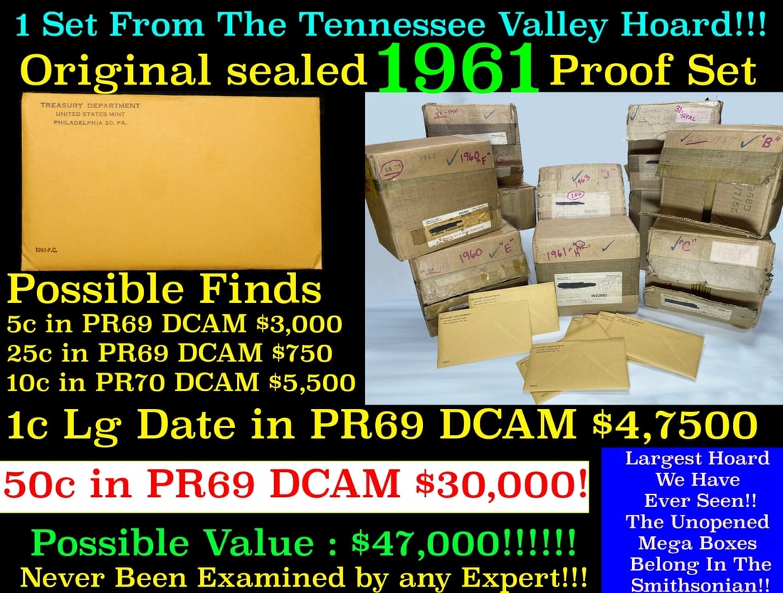 Original sealed 1961 United States Mint Proof Set Tennessee Valley Hoard: Original sealed 1961 United States Mint Proof Set Tennessee Valley Hoard. Once in a lifetime collection We are proud to bring to auction the greatest proof collection of the late 1950s and early 1960s