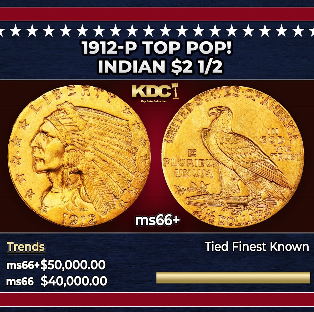 1912-p Gold Indian Quarter Eagle TOP POP! $2 1/2 ms66+ USCG: 1912-p TOP POP! Gold Indian Quarter Eagle $2 1/2 ms66+ USCG. Many Indian gold specialists consider the 1912 quarter eagle to be underrated in Gem and better condition. The spotlight is usually hogged 