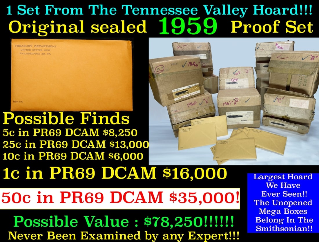 Original sealed 1959 United States Mint Proof Set Tennessee Valley Hoard: Original sealed 1959 United States Mint Proof Set Tennessee Valley Hoard. Once in a lifetime collection We are proud to bring to auction the greatest proof collection of the late 1950s and early 1960s