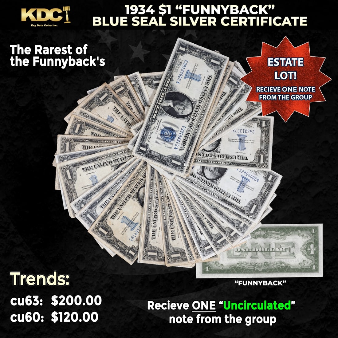 1x 1934 $1 Funnyback Blue Seal Silver Certificate Grades CU: 1x 1934 $1 Funnyback Blue Seal Silver Certificate Grades CU. This note features the familiar portrait of George Washington that was used on all of our $1 bills through to today, and the back shows A l