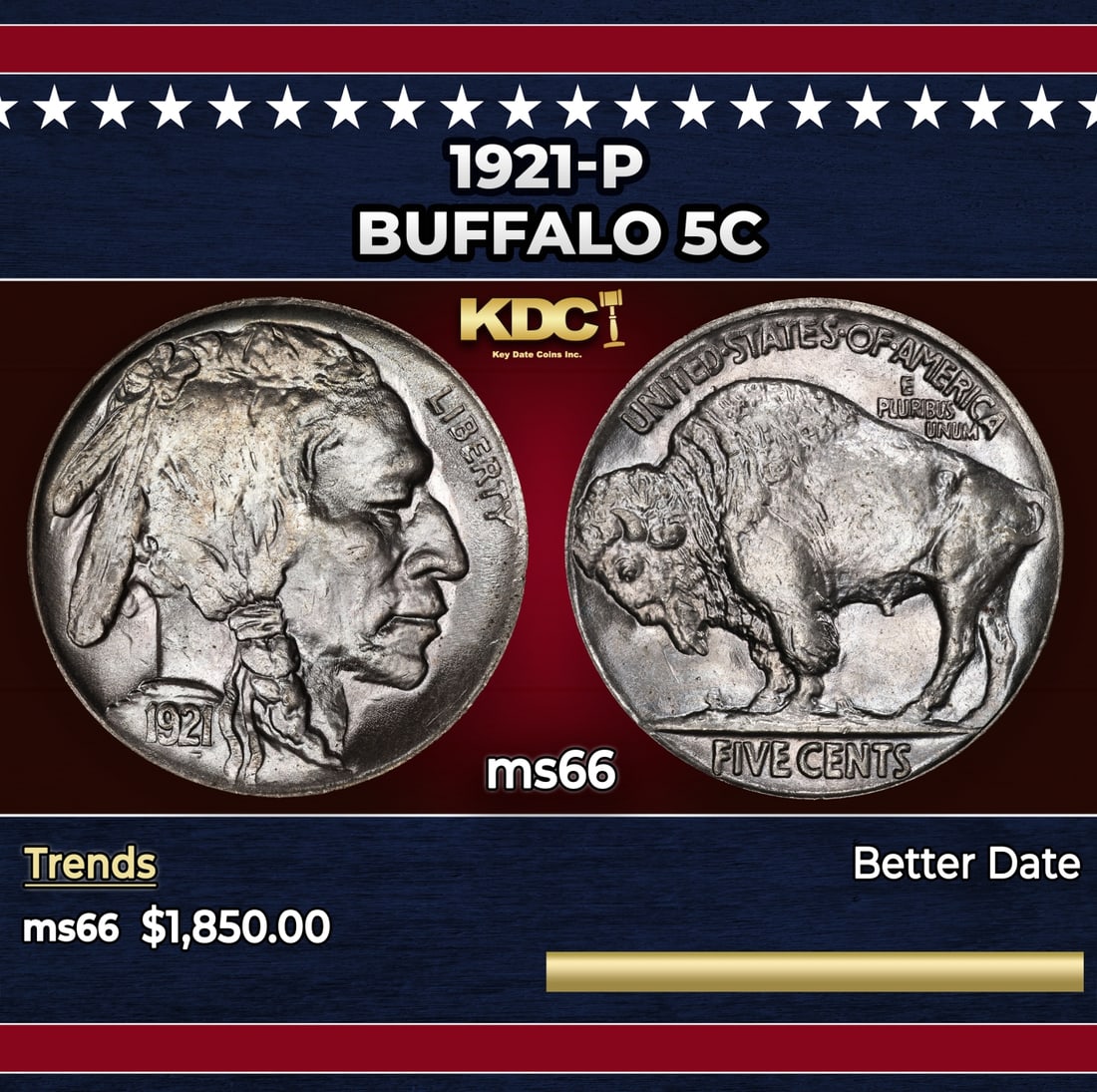 1921-p Buffalo Nickel 5c ms66 SEGS: 1921-p Buffalo Nickel 5c ms66 SEGS. Historic precious metal trends is causing increased spot pricing by the day. On auctions with set openings, we are doing our best to have items priced at their mark
