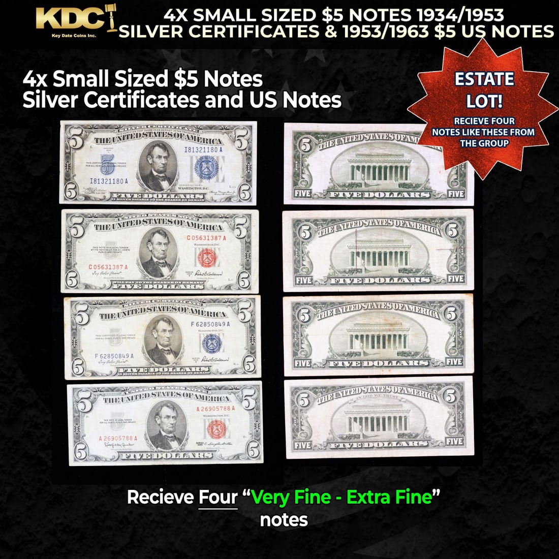 4x Small Sized $5 Notes 1934/1953 Silver Certificates & 1953/1963 $5 US Notes Grades VF/XF: 4x Small Sized $5 Notes 1934/1953 Silver Certificates & 1953/1963 $5 US Notes Grades VF/XF. Historic precious metal trends is causing increased spot pricing by the day. On auctions with set openings, 