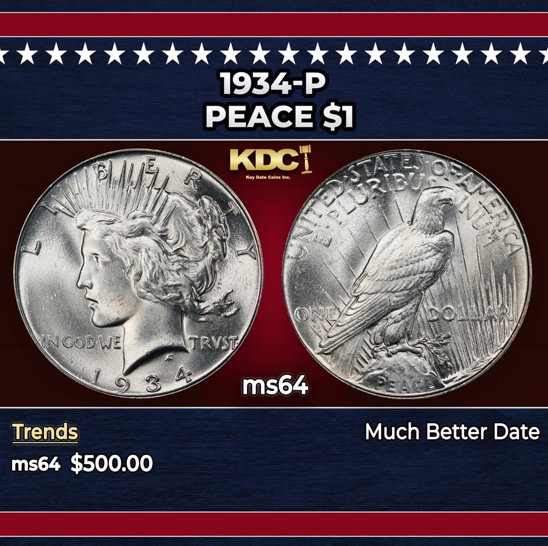 1934-p Peace Dollar $1 Grades ms64: 1934-p Peace Dollar $1 Grades ms64. Historic precious metal trends is causing increased spot pricing by the day. On auctions with set openings, we are doing our best to have items priced at their mark