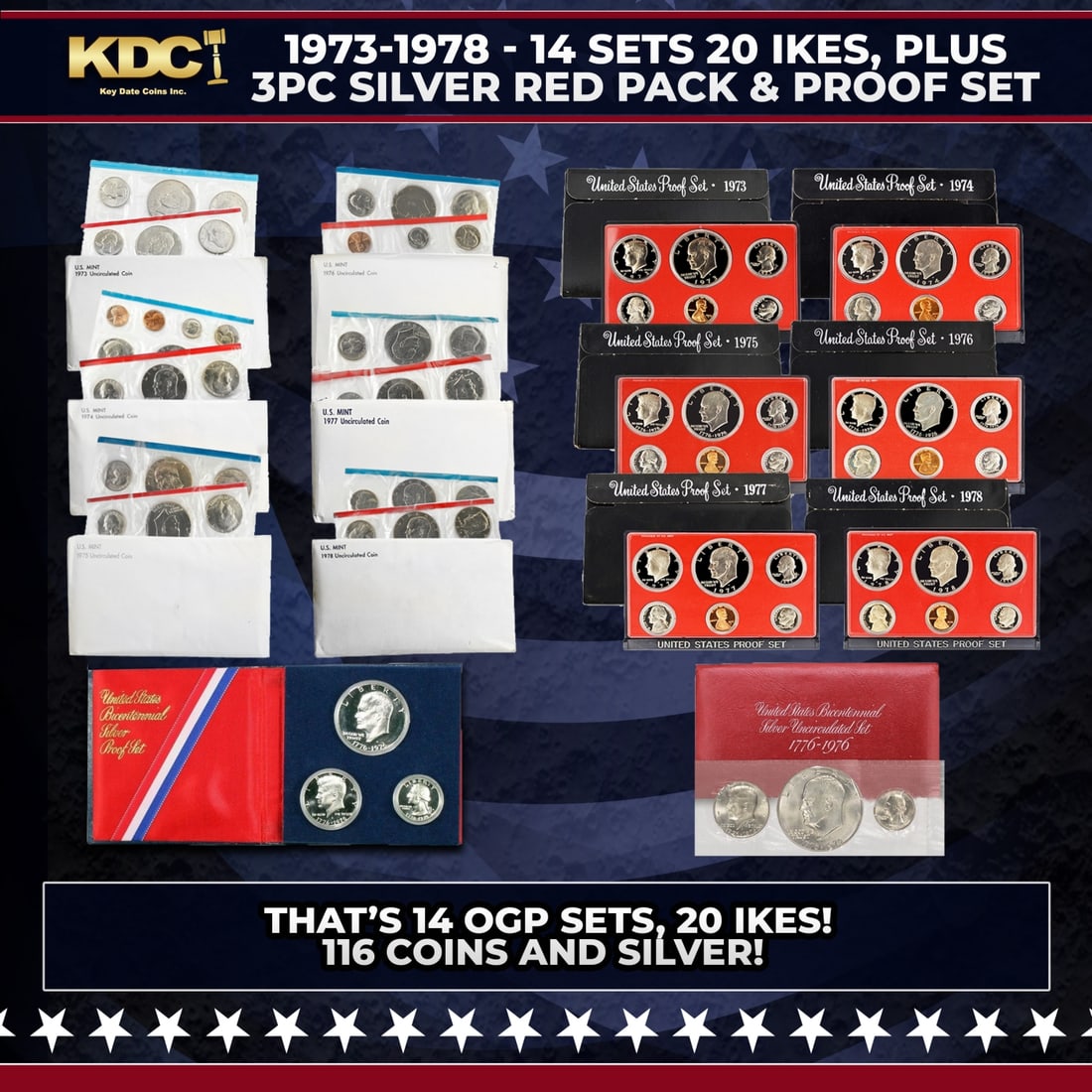 Full Ike Dollar Mint And Proof Sets 1973-1978, Plus Bonus Bicentennial Silver "Red Pack" & 3pc: Full Ike Dollar Mint And Proof Sets 1973-1978, Plus Bonus Bicentennial Silver "Red Pack" & 3pc Silver Proof Set 14 Sets 116 Coins, 20 IKES.