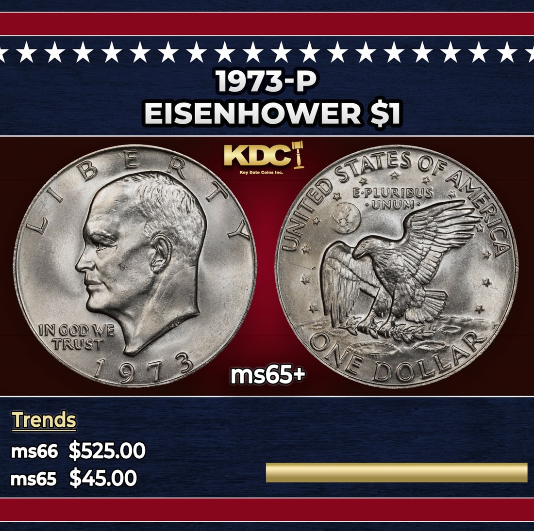 1973-p Eisenhower Dollar $1 ms65+ SEGS: 1973-p Eisenhower Dollar $1 ms65+ SEGS. Historic precious metal trends is causing increased spot pricing by the day. On auctions with set openings, we are doing our best to have items priced at their 