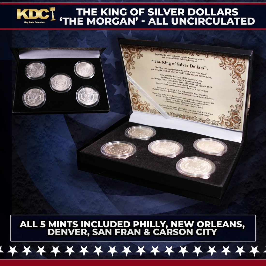Morgan The king of silver dollars 5 Coin BU Set, 1 From Evey Mint P,O,D,S, & Legendary Carson City: Morgan The king of silver dollars 5 Coin BU Set, 1 From Evey Mint P,O,D,S, & Legendary Carson City All UNC. Please Note All Backer Cards may have slight differences but will be very similar if not ide