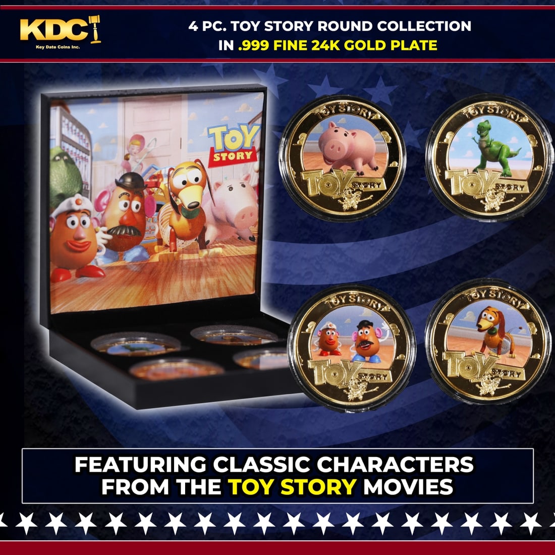 4 Coin Toy Story Gold Plated Round Collection In Custom Box W/ Special Backer card: 4 Coin Toy Story Gold Plated Round Collection In Custom Box W/ Special Backer card. Please Note All Backer Cards may have slight differences but will be very similar if not identical to the one in the