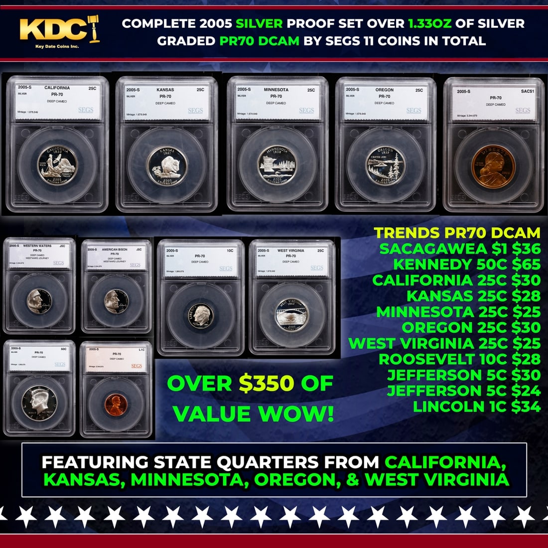 2005 US Silver Proof Set Graded pr70 DCAM By SEGS about 1.5 oz of pure silver 11 Coins: 2005 US Silver Proof Set Graded pr70 DCAM By SEGS about 1.5 oz of pure silver 11 Coins.