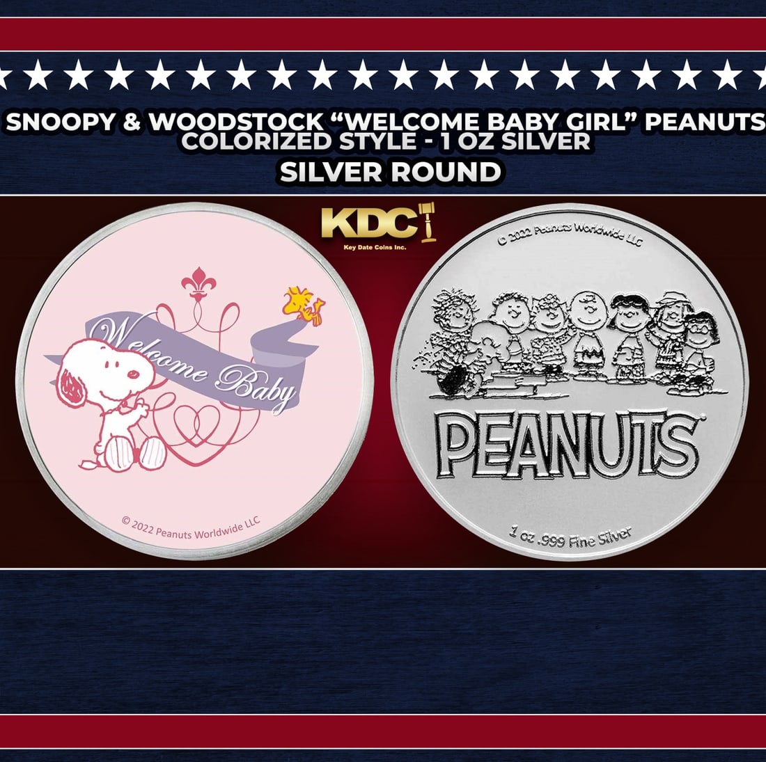 Snoopy & Woodstock "Welcome Baby Girl" Peanuts Colorized Style - 1 oz Silver Round Round (1 of 3)