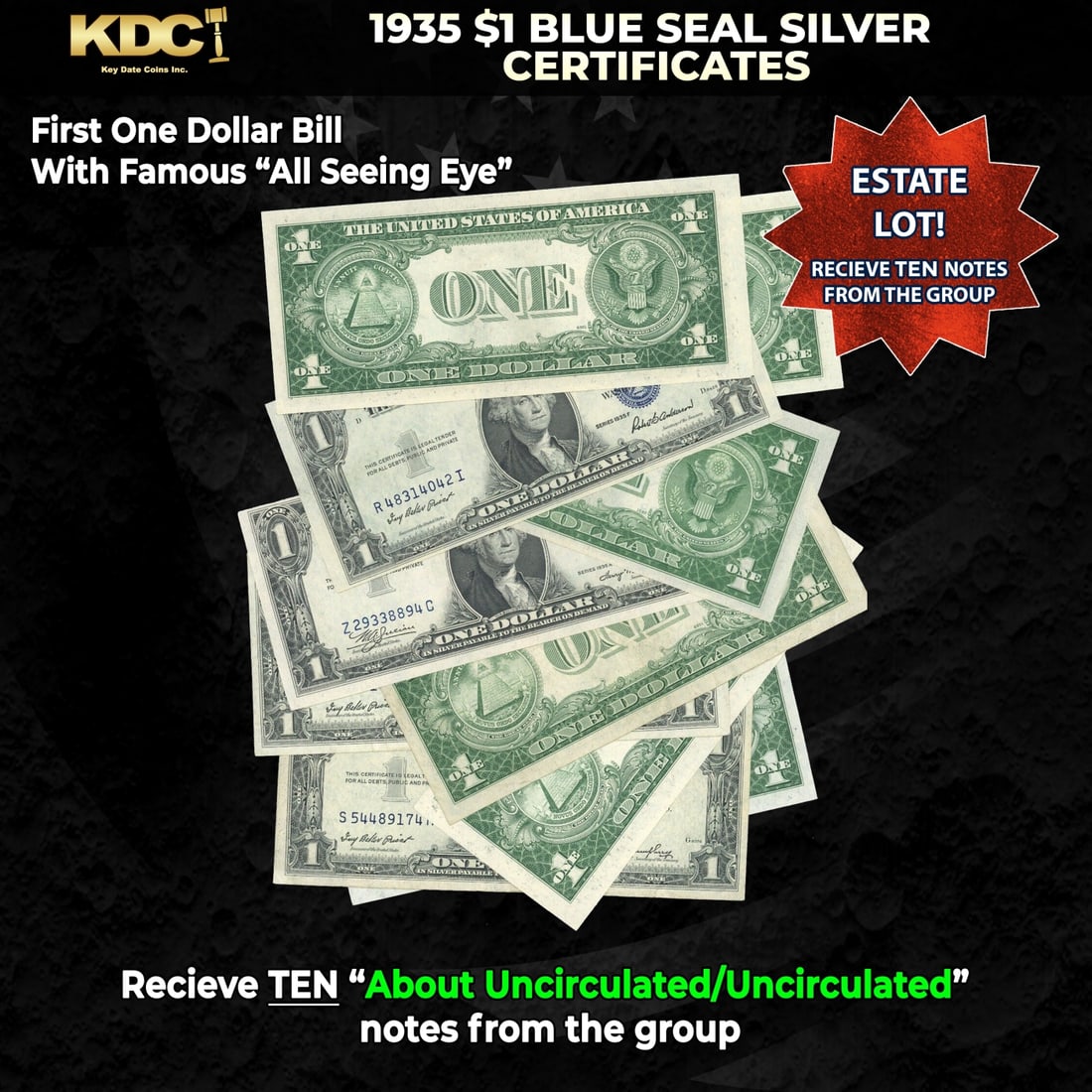 10x 1935 $1 Blue Seal Silver Certificates Grades AU/CU: 10x 1935 $1 Blue Seal Silver Certificates Grades AU/CU. Silver Certificates were redeemable in Silver. One of their most distinctive qualities is the blue Treasury seal and serial numbers. These notes