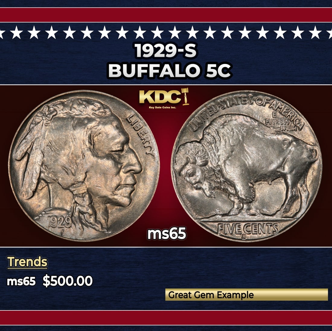 1929-s Buffalo Nickel 5c Grades ms65: 1929-s Buffalo Nickel 5c Grades ms65. Historic precious metal trends is causing increased spot pricing by the day. On auctions with set openings, we are doing our best to have items priced at their ma