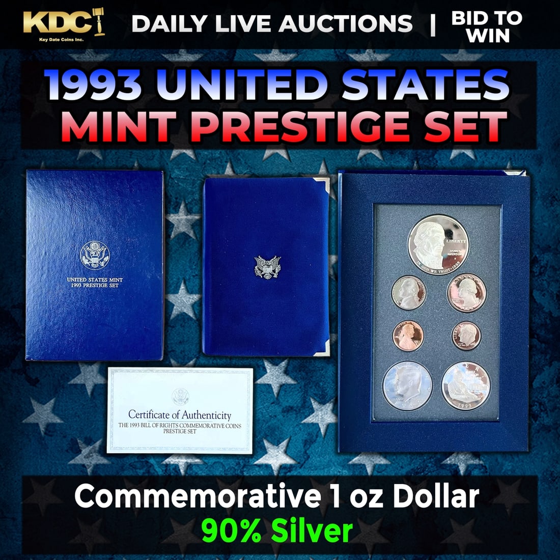 1993 United States Mint Prestige Proof Set: 1993 United States Mint Prestige Proof Set. 1993 Prestige Sets consist of proof version coins of the five U.S. circulating coins, along with commemoratives from the year of issue. As they are made spe