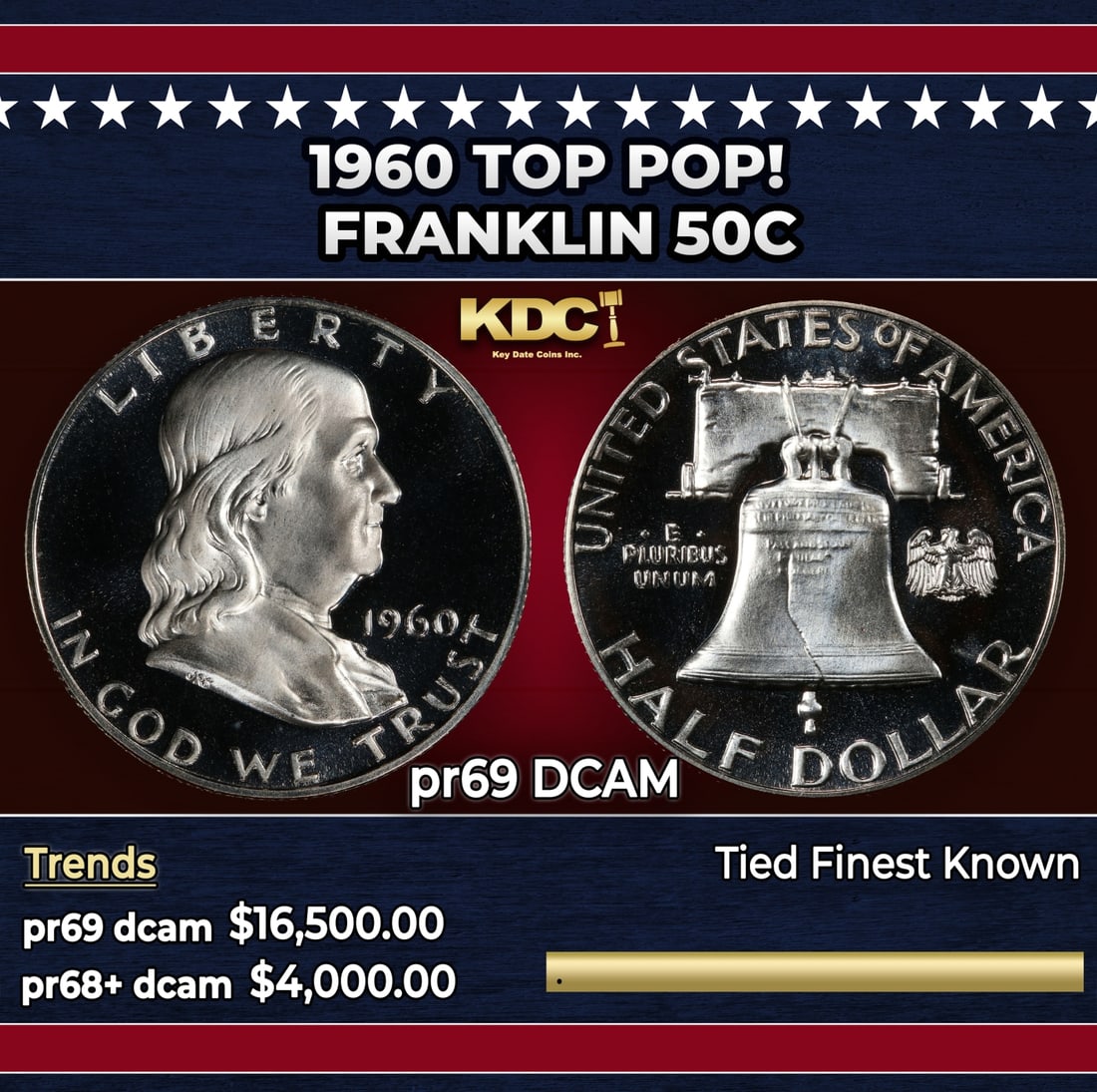 1960 Proof Franklin Half Dollar TOP POP! 50c pr69 DCAM SEGS: 1960 TOP POP! Franklin Half Dollar 50c pr69 DCAM SEGS. A new master die was put into use in 1960. The previous one had been used for an entire decade, causing many proofs from that era to lack contras