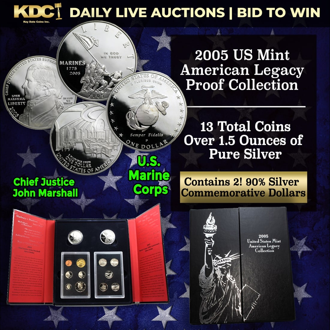 2005 U.S. Mint American Legacy Collection Set 13 Coins Over 1.5 Oz Of Silver: 2005 U.S. Mint American Legacy Collection Set 13 Coins Over 1.5 Oz Of Silver. Product DetailsThis American Legacy Collection Proof Set contains the 11 standard proof coins from 2005 along with the Chi