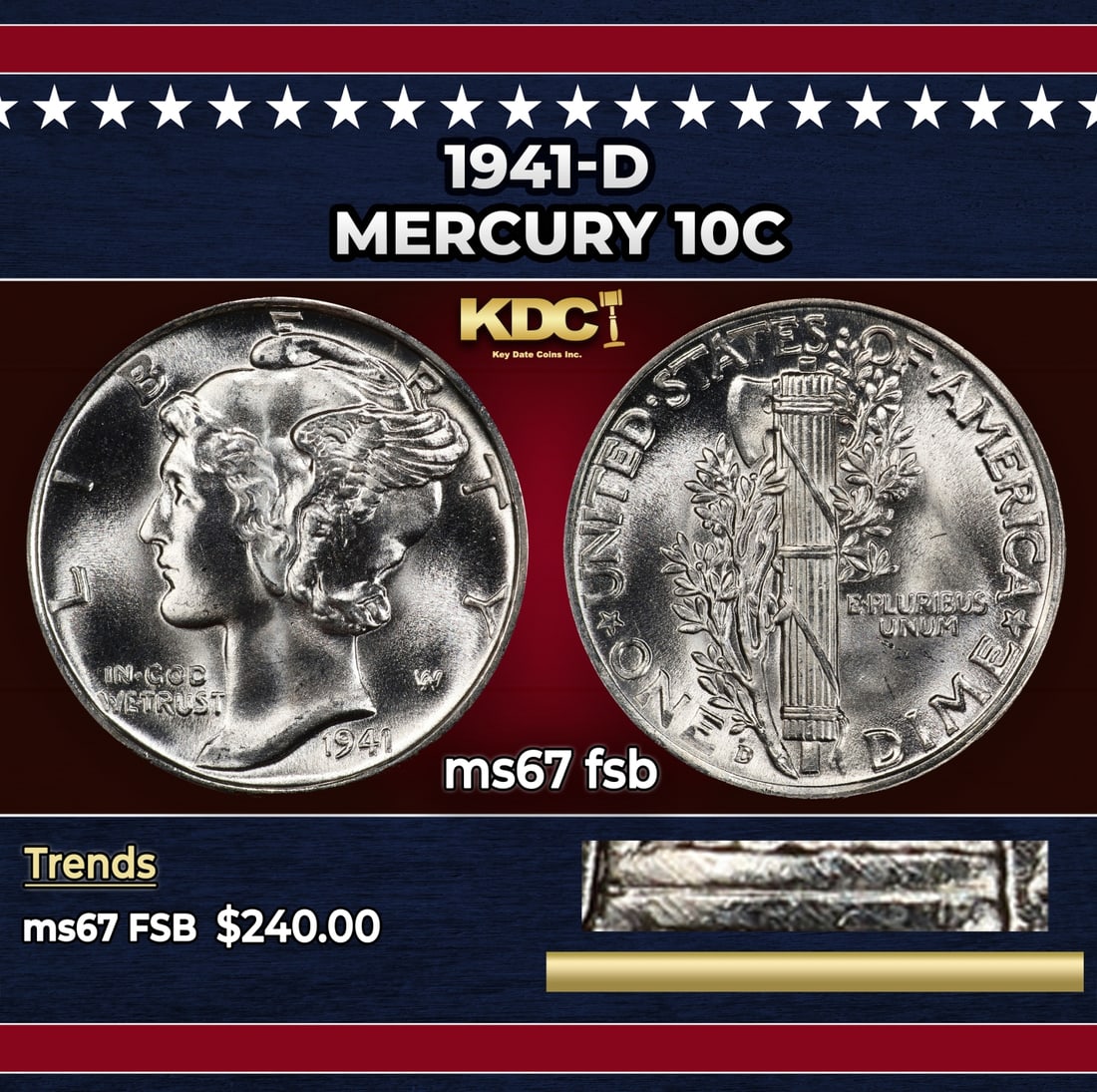 1941-d Mercury Dime 10c ms67 fsb SEGS: 1941-d Mercury Dime 10c ms67 fsb SEGS. Historic precious metal trends is causing increased spot pricing by the day. On auctions with set openings, we are doing our best to have items priced at their m