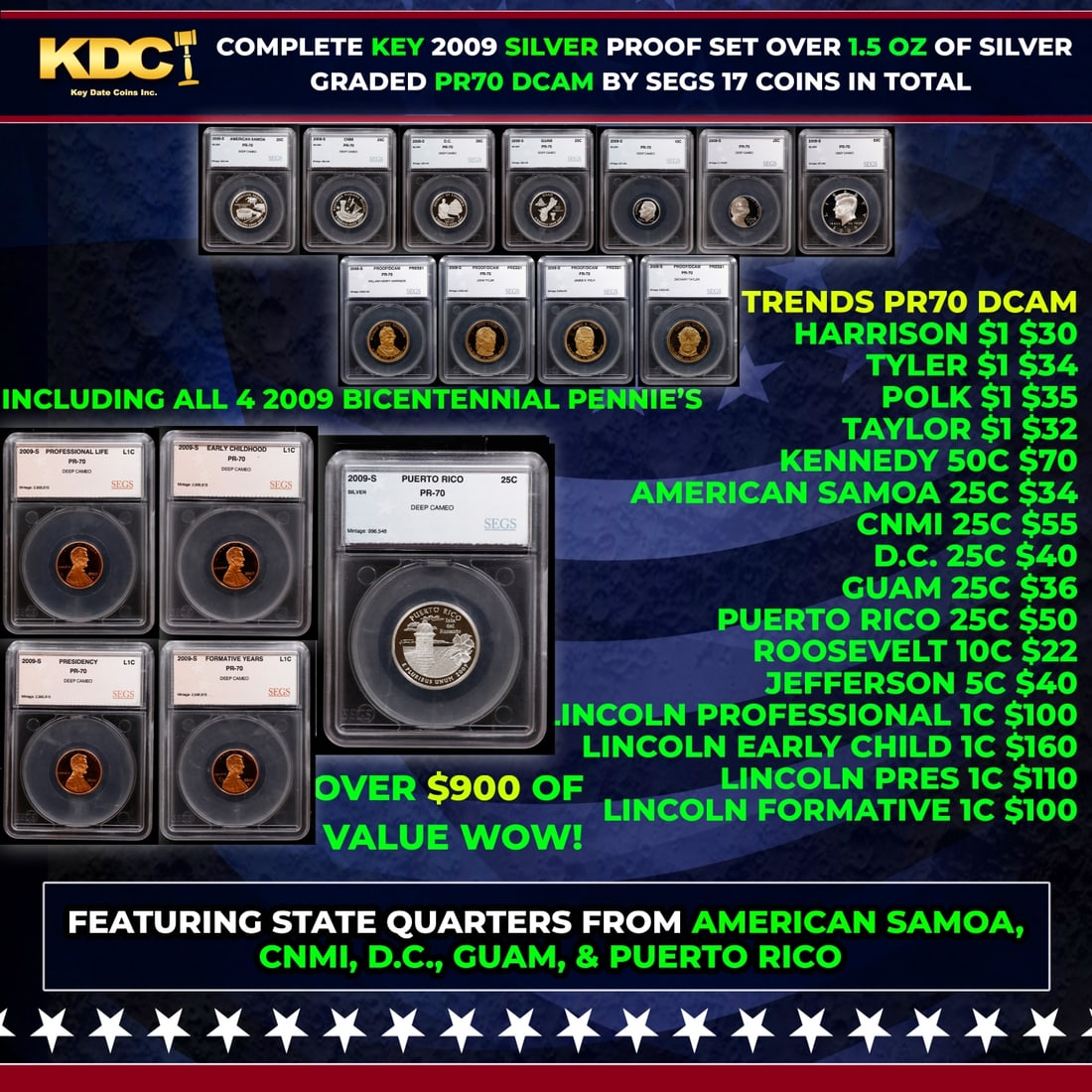 Rare 2009 US Silver Proof Set Graded pr70 DCAM By SEGS Over 1.5 oz of pure silver 17 Coins: Rare 2009 US Silver Proof Set Graded pr70 DCAM By SEGS Over 1.5 oz of pure silver 17 Coins.