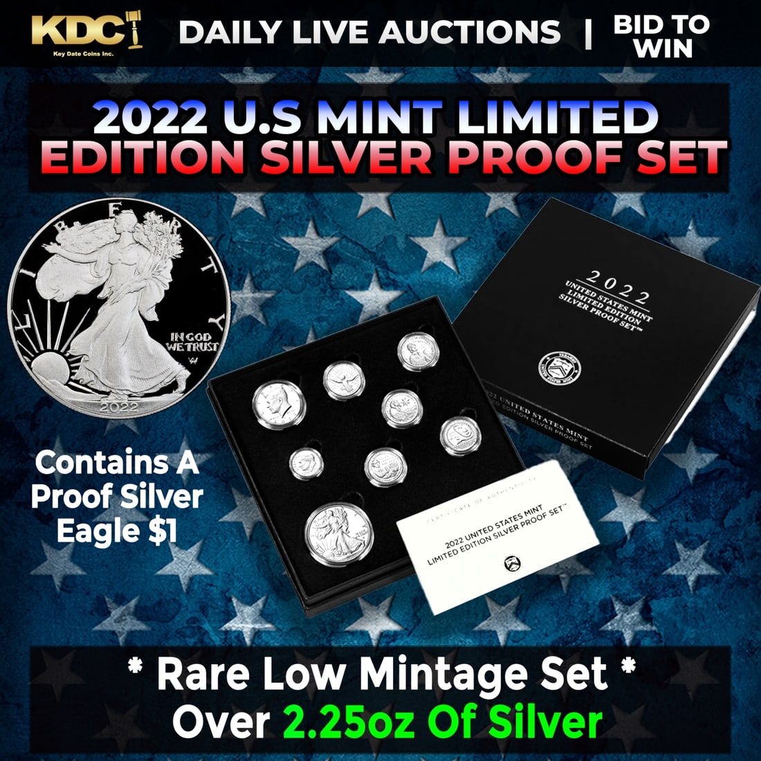 RARE 2022 United States Mint Limited Edition Silver Proof Set 8 coins, Over 2.25oz Of Silver low: RARE 2022 United States Mint Limited Edition Silver Proof Set 8 coins, Over 2.25oz Of Silver low mintage. 2022-s US Mint Limited Edition Silver Proof Set with 8 Coins. Contains 2.34 oz of Silver. Set 