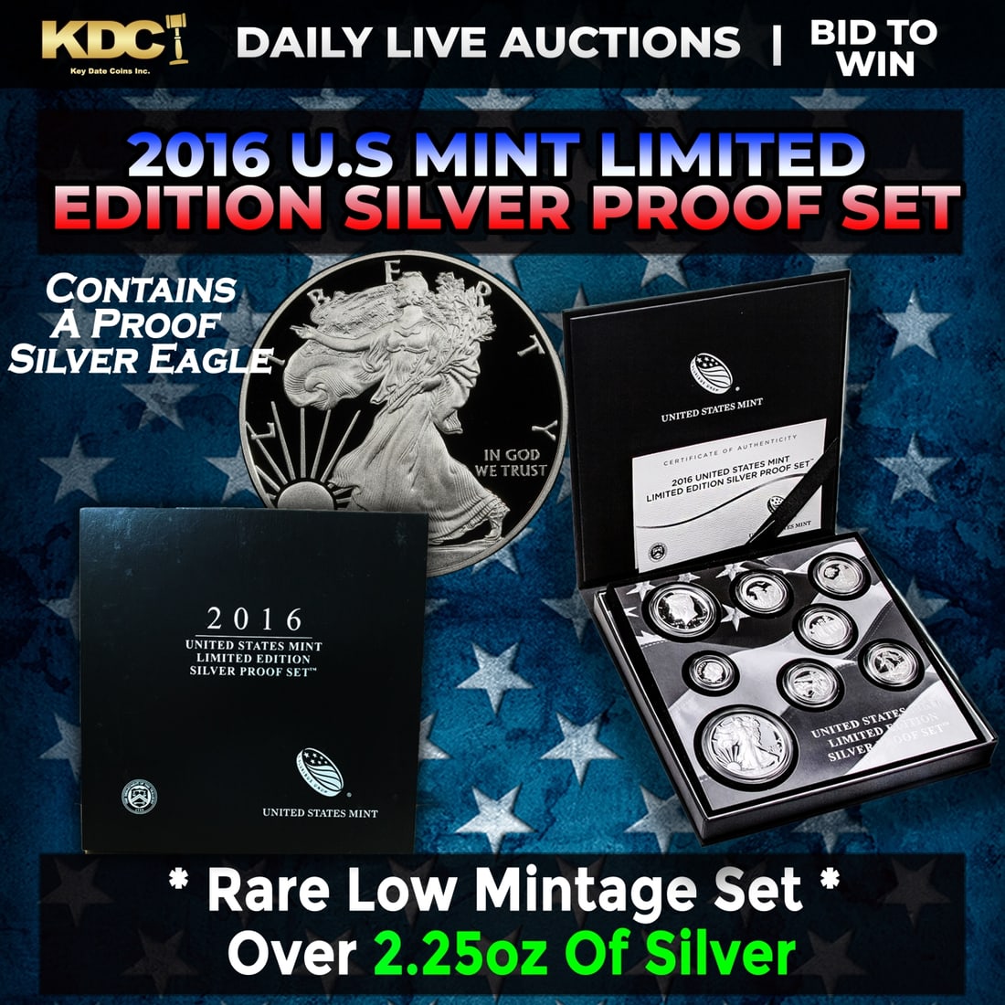 RARE 2016 United States Mint Limited Edition Silver Proof Set 8 coins, Over 2.25oz Of Silver low: RARE 2016 United States Mint Limited Edition Silver Proof Set 8 coins, Over 2.25oz Of Silver low mintage. The 2016 United States Mint Limited Edition Silver Proof Set contains eight coins in stunning 