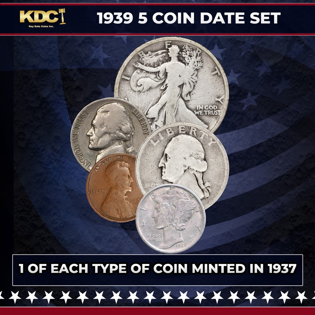 1939 5 Coin Date Set, 1 Of Each Type Of Coin Minted in 1939: 1939 5 Coin Date Set, 1 Of Each Type Of Coin Minted in 1939. Please Note All Backer Cards may have slight differences but will be very similar if not identical to the one in the photo