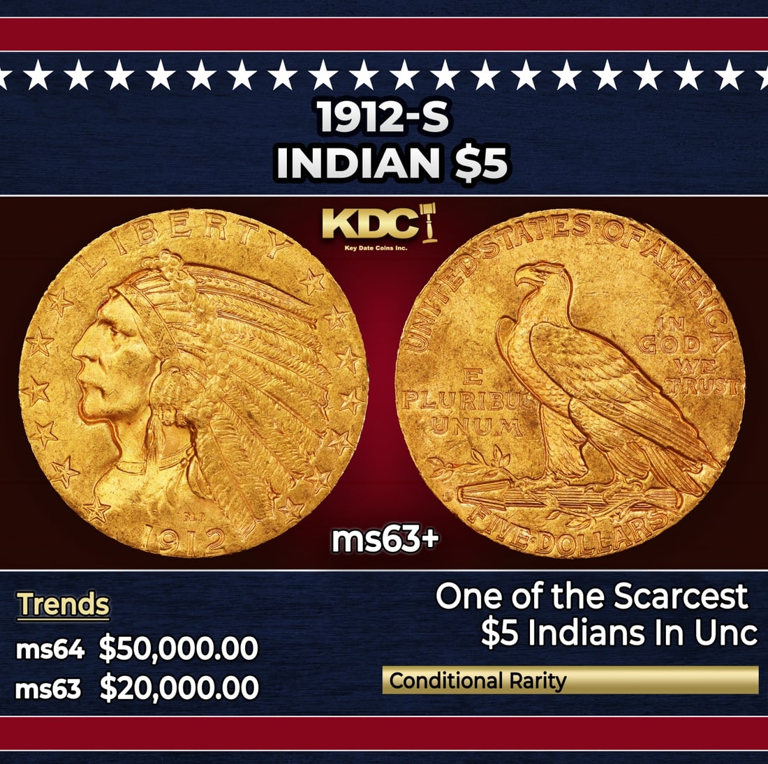 1912-s Gold Indian Half Eagle $5 ms63+ USCG: 1912-s Gold Indian Half Eagle $5 ms63+ USCG. This is a boldly colored example displaying rose-honey surfaces. It is also sharply struck in most areas with pleasing satin luster. The S mintmark is typi