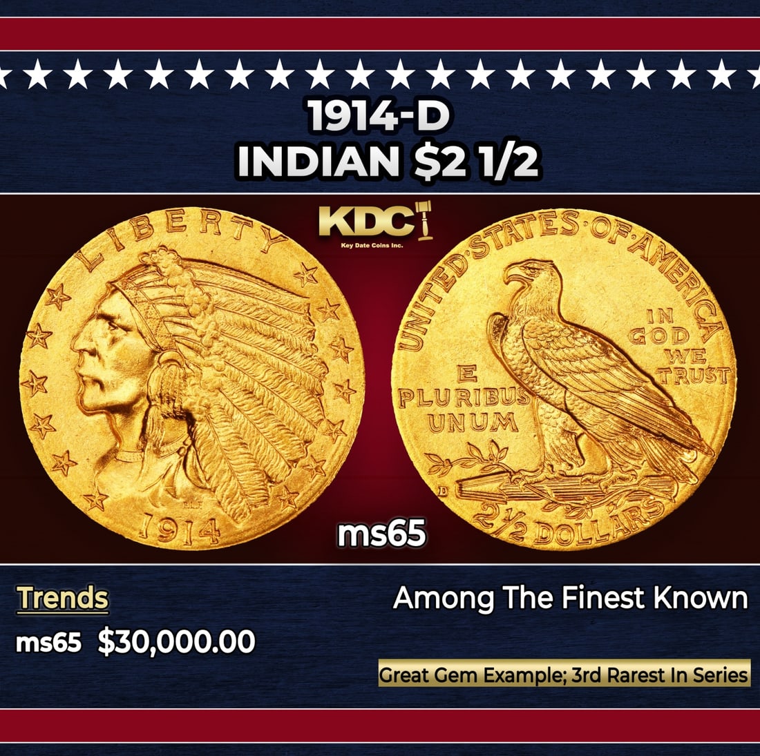 1914-d Gold Indian Quarter Eagle $2 1/2 ms65 SEGS: 1914-d Gold Indian Quarter Eagle $2 1/2 ms65 SEGS. Per David Akers Of PCGS "he 1914-D is the third rarest issue of the series but there is more of a difference in rarity between it and the two dates a