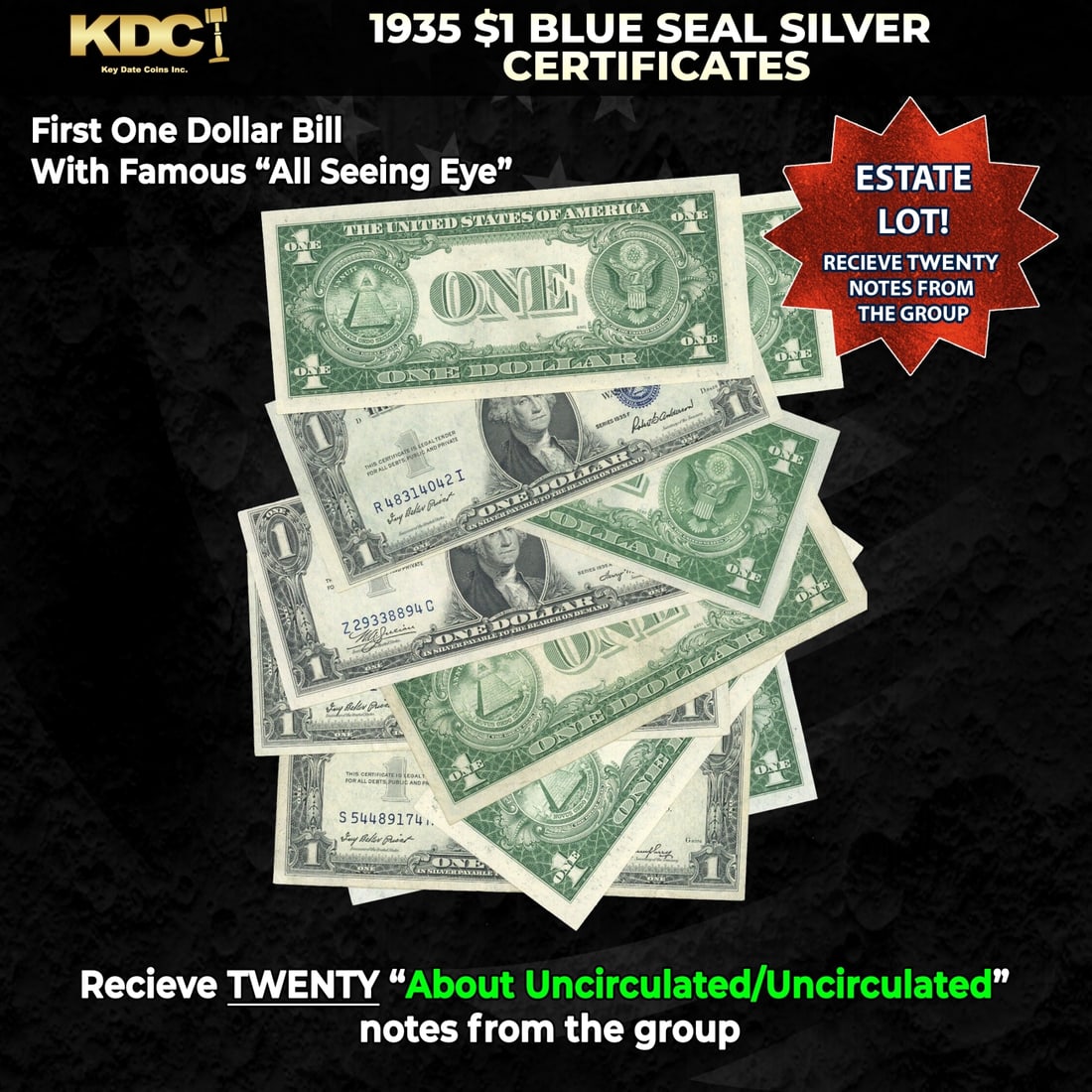 20x 1935 $1 Blue Seal Silver Certificates Grades AU/CU: 20x 1935 $1 Blue Seal Silver Certificates Grades AU/CU. Silver Certificates were redeemable in Silver. One of their most distinctive qualities is the blue Treasury seal and serial numbers. These notes