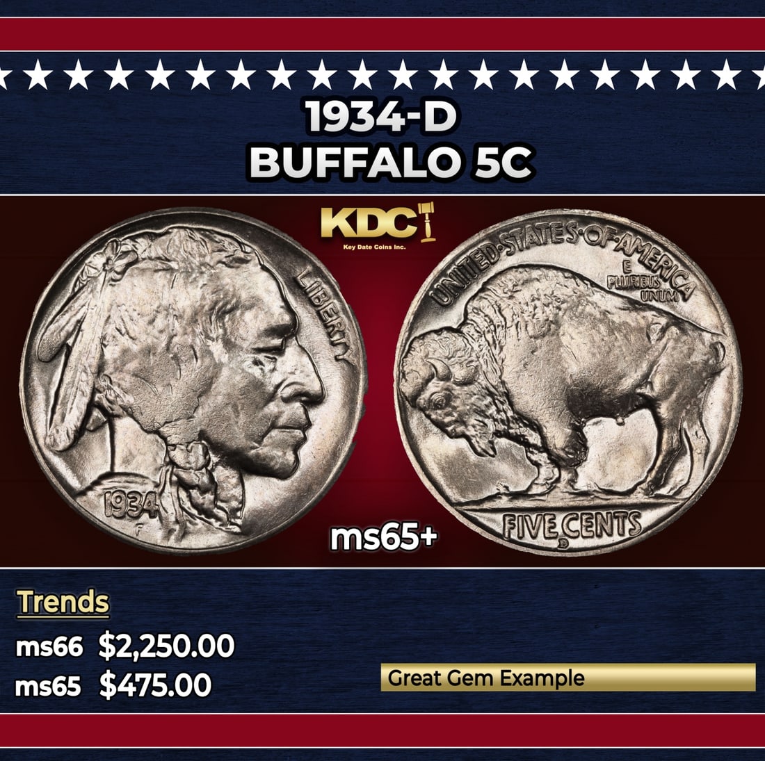 1934-d Buffalo Nickel 5c ms65+ SEGS: 1934-d Buffalo Nickel 5c ms65+ SEGS. Historic precious metal trends is causing increased spot pricing by the day. On auctions with set openings, we are doing our best to have items priced at their mar