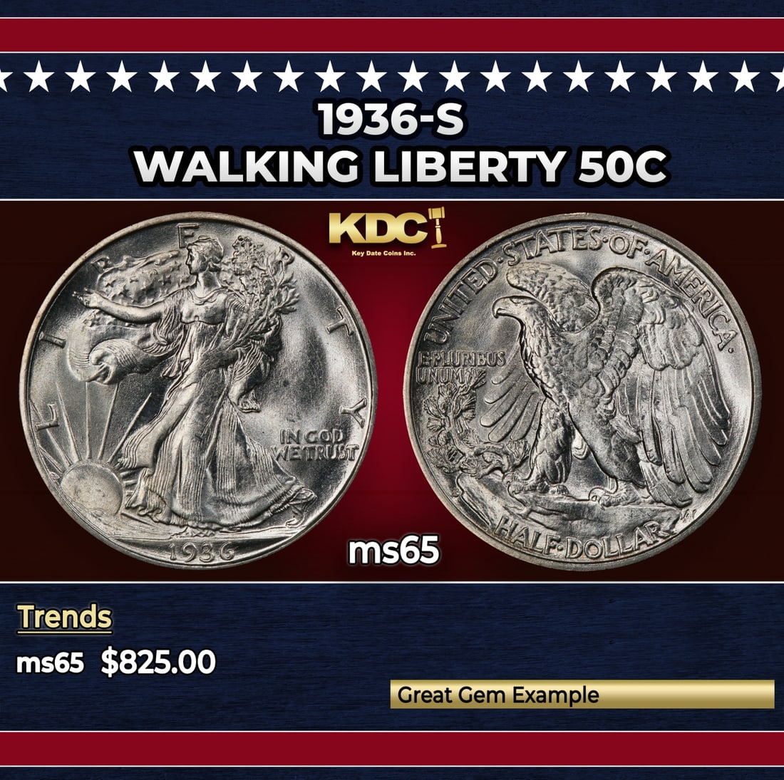 1936-s Walking Liberty Half Dollar 50c Grades ms65: 1936-s Walking Liberty Half Dollar 50c Grades ms65. Historic precious metal trends is causing increased spot pricing by the day. On auctions with set openings, we are doing our best to have items pric