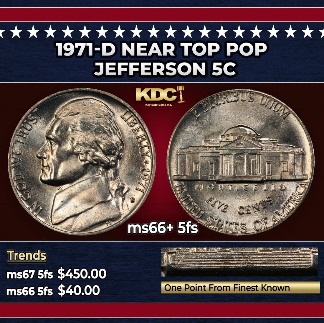 1971-d Jefferson Nickel Near Top Pop 5c ms66+ 5fs SEGS: 1971-d Near Top Pop Jefferson Nickel 5c ms66+ 5fs SEGS. Historic precious metal trends is causing increased spot pricing by the day. On auctions with set openings, we are doing our best to have items 