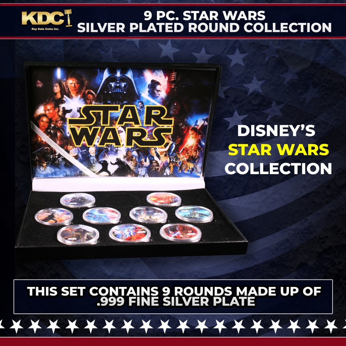 9 Coin Star Wars Silver Plated Round Collection: 9 Coin Star Wars Silver Plated Round Collection. 10 OZ .999 Fine Silver Set General Motors Collection. This set contains ten 1 oz rounds of .999 Fine Silver from The General Motors Collection.You will