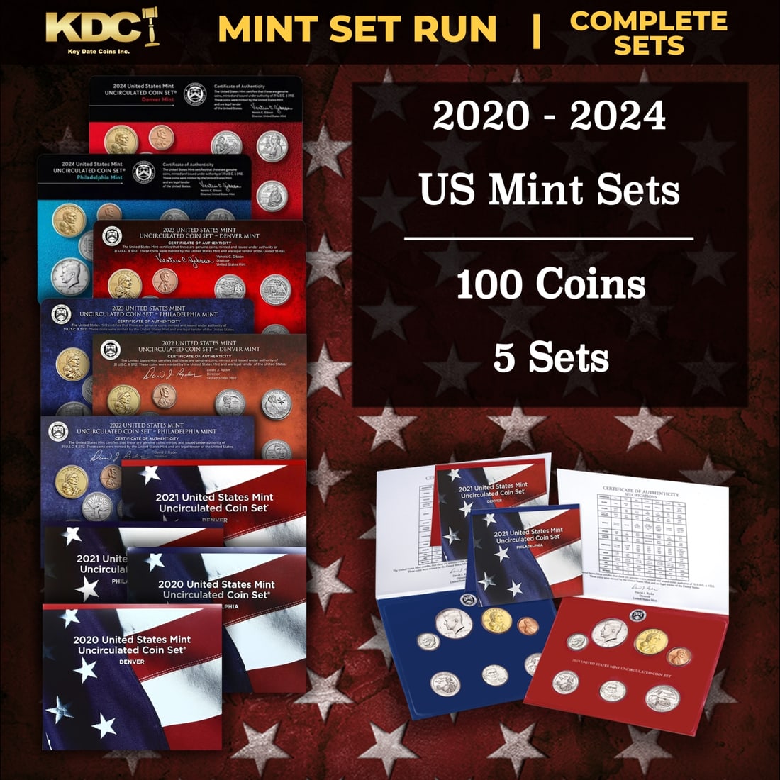 2020-2024 United States Mint Sets 5 Sets, 100 Coins: 2020-2024 United States Mint Sets 5 Sets, 100 Coins.
