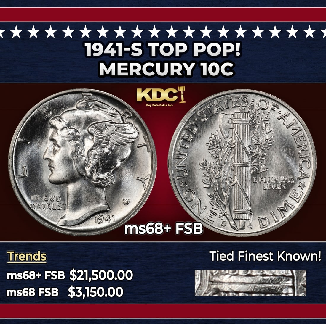 1941-s Mercury Dime TOP POP! 10c ms68+ FSB SEGS: 1941-s TOP POP! Mercury Dime 10c ms68+ FSB SEGS. Historic precious metal trends is causing increased spot pricing by the day. On auctions with set openings, we are doing our best to have items priced 
