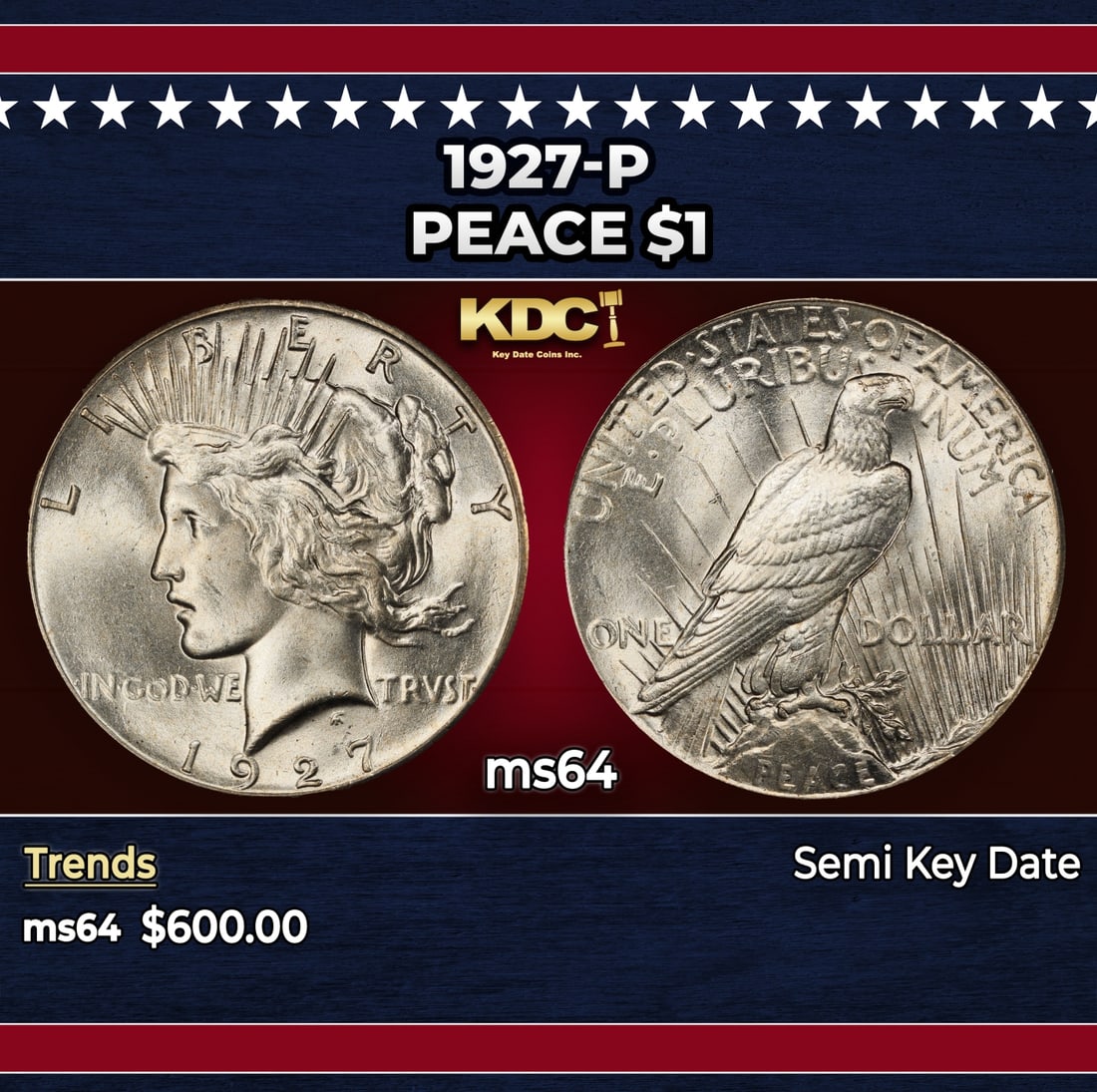 1927-p Peace Dollar $1 Grades ms64: 1927-p Peace Dollar $1 Grades ms64. The 27-p is the big sleeper of numismatics in my opinion. It has the 2nd lowest mintage in the whole Peace dollar series. Lower than the 34-s, the 21-p, yet it does